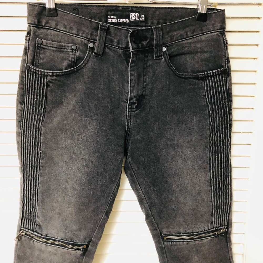 RSQ Jeans 29 x 24.5 Seattle Skinny Tapered Black Mid Rise Knee Zipper Leg Pleats